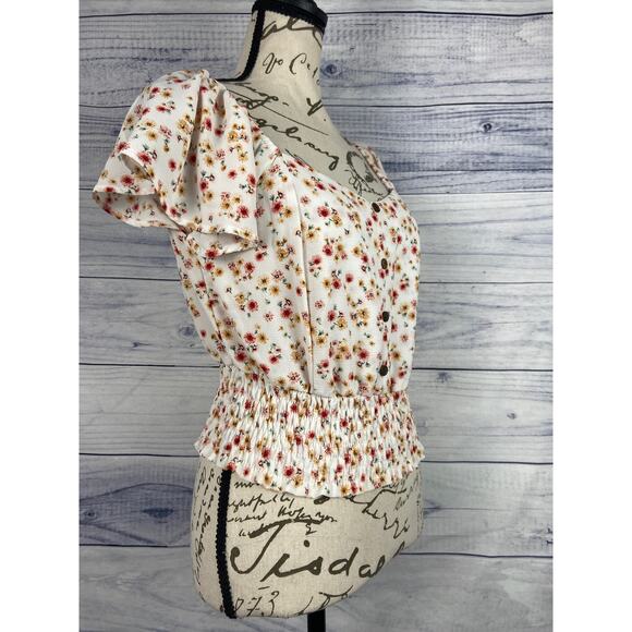 Monteau Floral Crop Top Women Size M Smock Waist Short Flutter Sleeves Scoop - Picture 2 of 10